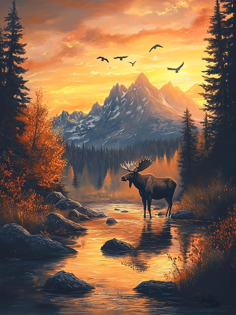 5D Diamond Art Kits for Adults, Big Horned Deer Diamond Painting Art Sunset Landscape DIY Full Round Drill Kits, Embroidery Rhinestone Diamond Crystal Craft Canvas Home Wall Decor